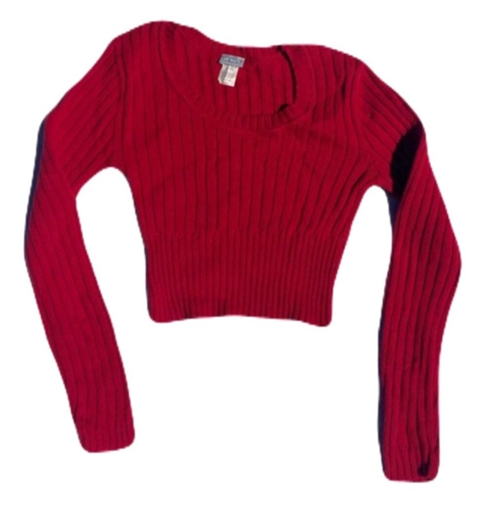 90s Red Ribbed Cropped Preppy Punk Plush Essential Autumnal Cotton Sweater Small